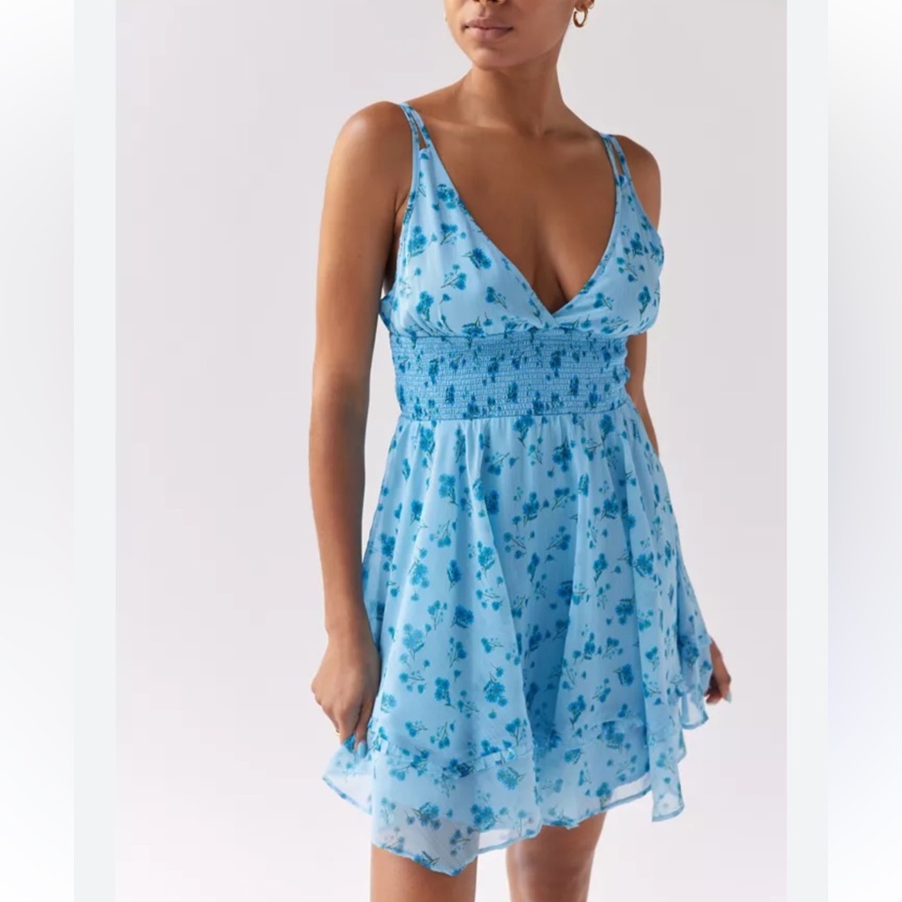 Urban Outfitters Sweet Escape Strappy Blue Floral Mini Dress Smock Y2K-Small